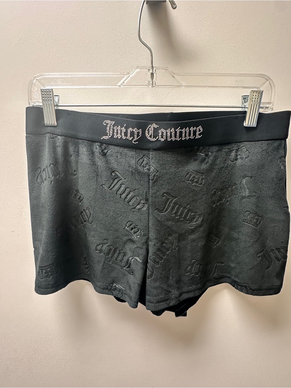 Juicy Couture Black Athletic Shorts with Embossed Logo and Rhinestone Waistband